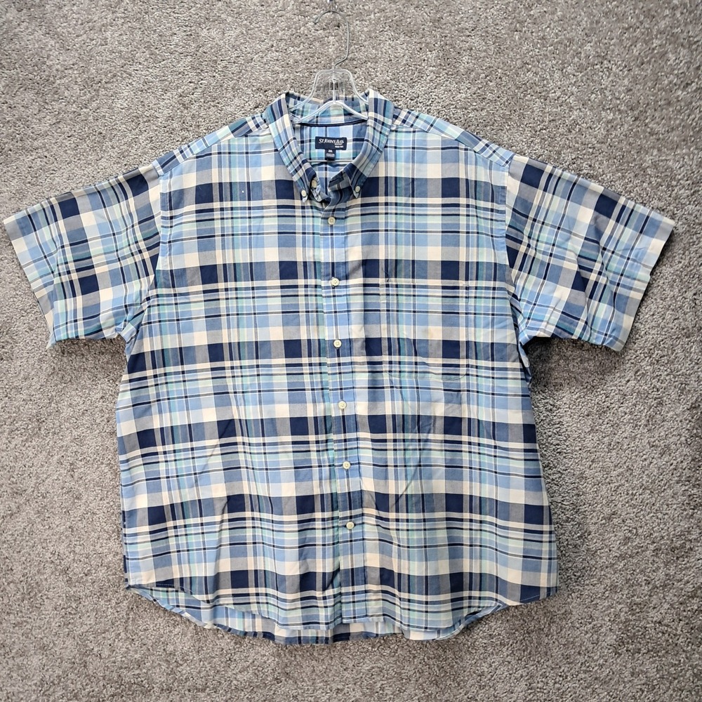 St Johns Bay Mens 2XL Blue Plaid Short Sleeve Iron Free Button Down Shirt 6841